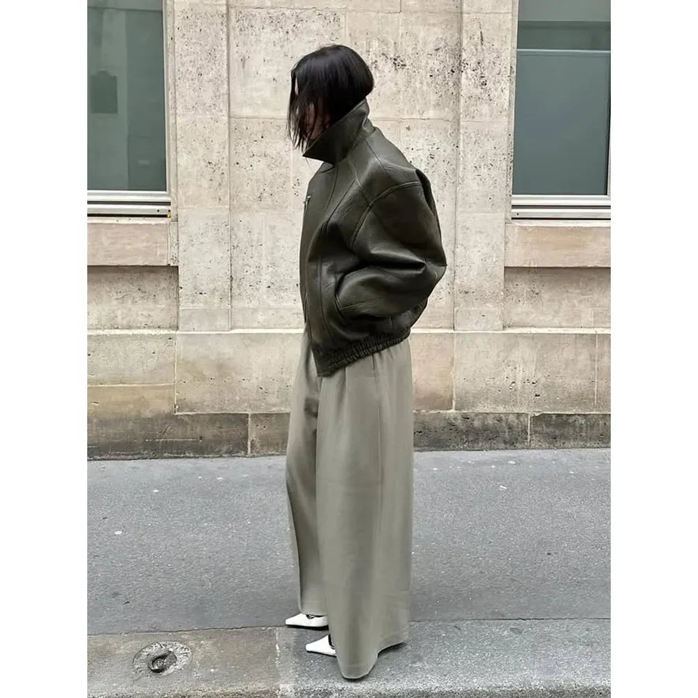 Women Army Green Leather Jacket Lady Lapel Coller Long Sleeve Zipper Loose Fashion Coat 2025 Autumn Outerwear Daily Street Coats