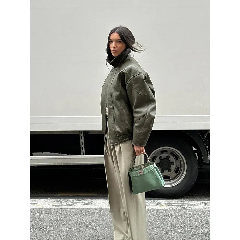 Women Army Green Leather Jacket Lady Lapel Coller Long Sleeve Zipper Loose Fashion Coat 2025 Autumn Outerwear Daily Street Coats