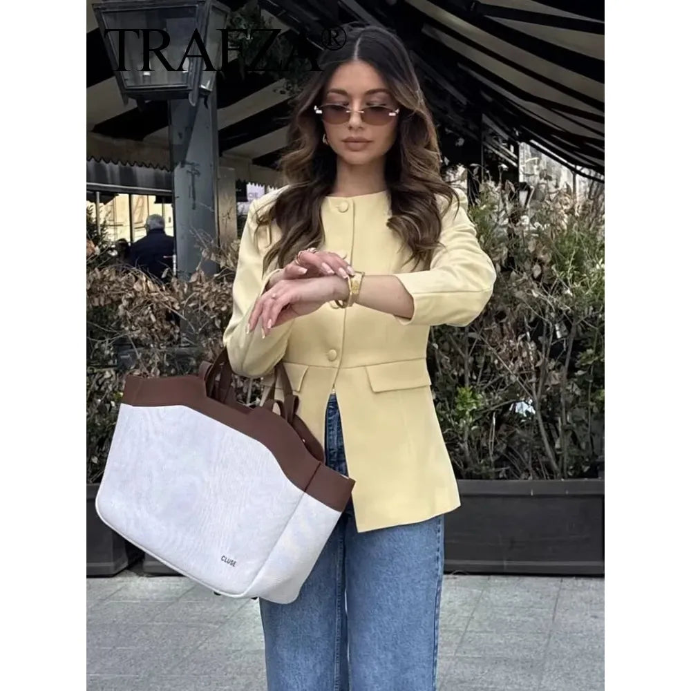 2025 Elegant Women'S Yellow Slim Blazer Jacket Female O-Neck Long Sleeve Single Breasted Suit Coat Lady Office Streetwear
