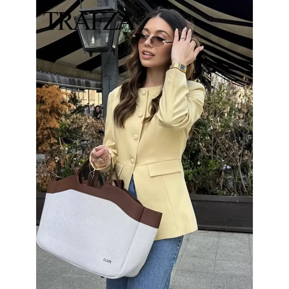 2025 Elegant Women'S Yellow Slim Blazer Jacket Female O-Neck Long Sleeve Single Breasted Suit Coat Lady Office Streetwear