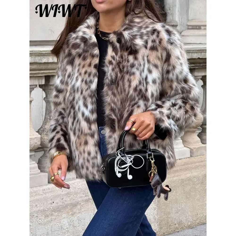 Fashion Leopard Faux Fur Coat Women Casual Lapel Single Breasted Plush Warm Overcoat 2025 Winter New Lady Cozy Print Streetwear