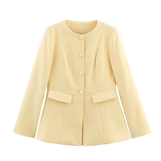 2025 Elegant Women'S Yellow Slim Blazer Jacket Female O-Neck Long Sleeve Single Breasted Suit Coat Lady Office Streetwear