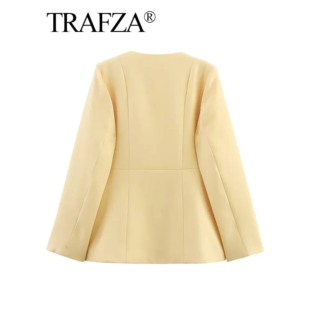 2025 Elegant Women'S Yellow Slim Blazer Jacket Female O-Neck Long Sleeve Single Breasted Suit Coat Lady Office Streetwear