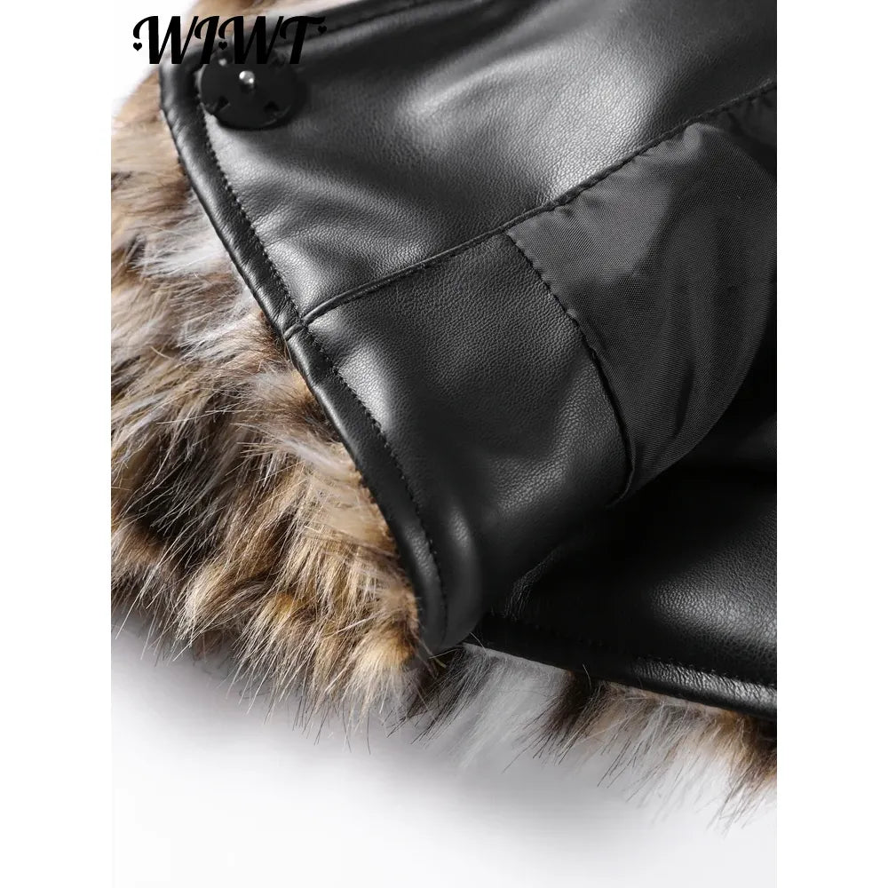 Fashion Leopard Faux Fur Coat Women Casual Lapel Single Breasted Plush Warm Overcoat 2025 Winter New Lady Cozy Print Streetwear