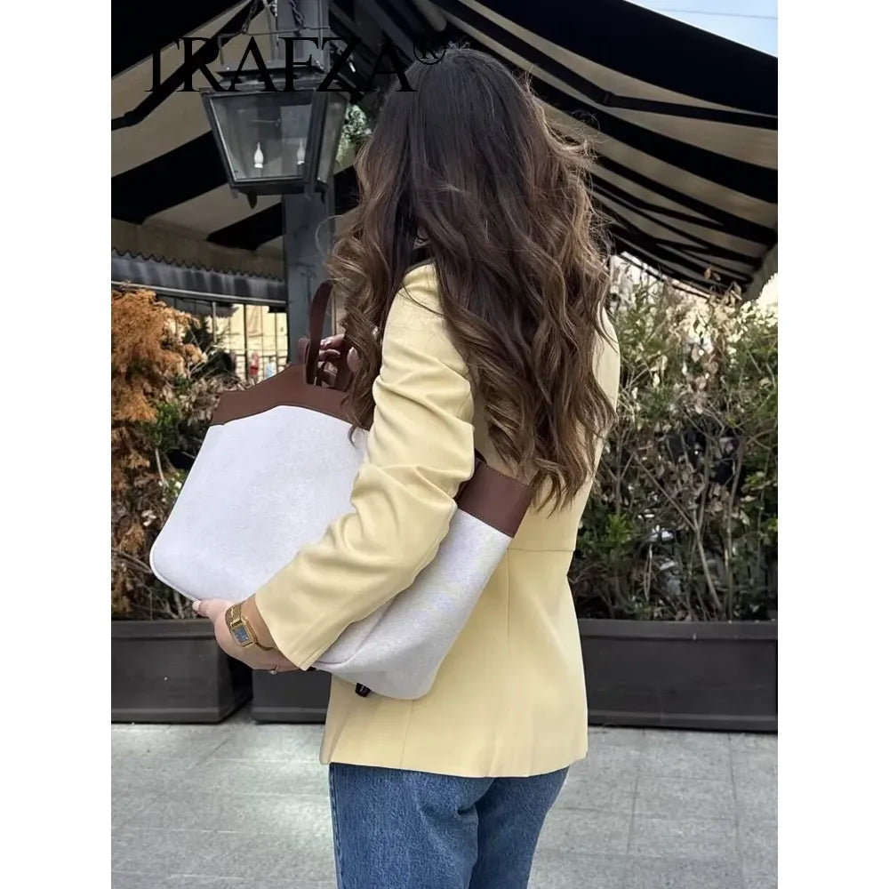 2025 Elegant Women'S Yellow Slim Blazer Jacket Female O-Neck Long Sleeve Single Breasted Suit Coat Lady Office Streetwear