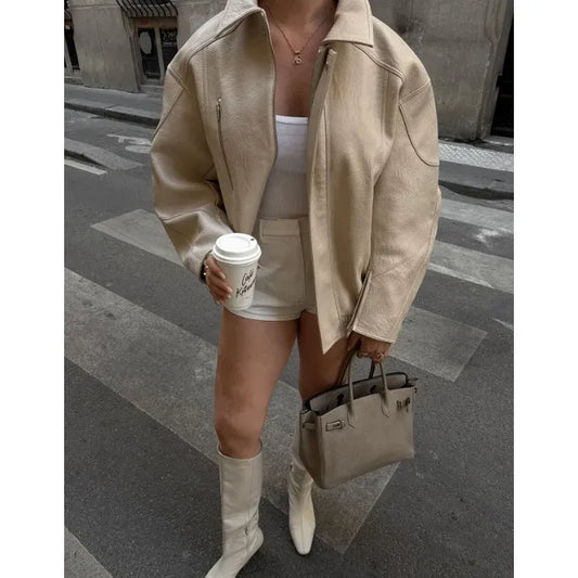 Women Army Green Leather Jacket Lady Lapel Coller Long Sleeve Zipper Loose Fashion Coat 2025 Autumn Outerwear Daily Street Coats