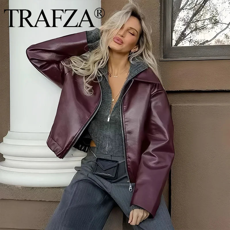 ZA 2024 Autumn Women American Style Vintage Solid Bordeaux Red Short Jacket Women'S Zipper Long Sleeve Chic Leather Jacket