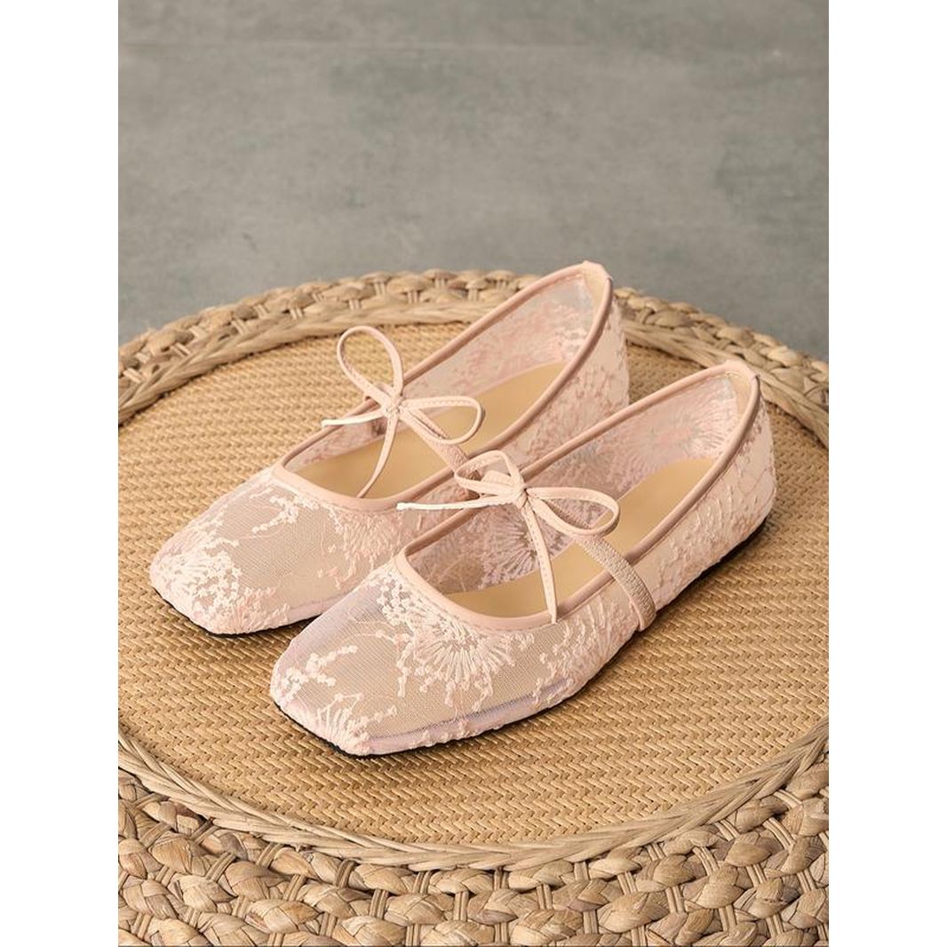 Women'S Embroidery Lace Netted Ballet Flats, Elegant Square Toe Flat Shoes for Party, Daily Clothing Decor, Lightweight Breathable Comfortable Shoes for Women & Girls, Wedding Shoes