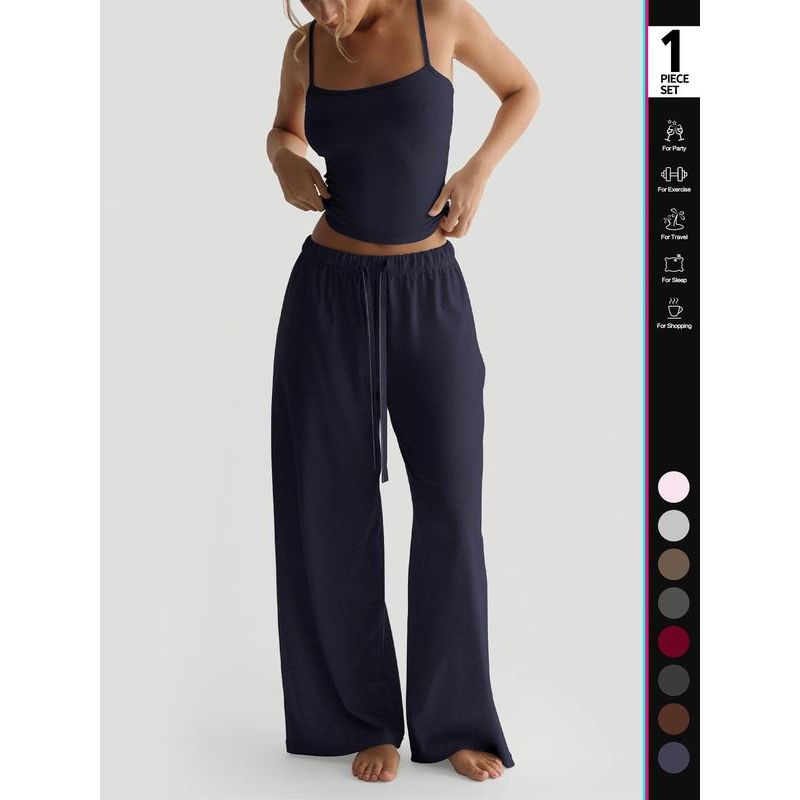 Women'S Solid Cami Top & Wide Leg Pants Lounge Set, Casual Comfy Pyjama Set for Women, Comfy Basic Loungewear Set for Daily Home Wear, Minimalist Pajamas, Nightwear
