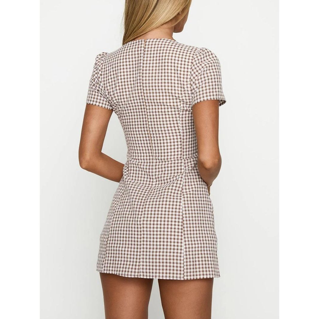 Women's Plaid Print V Neck Shirt Dress, Casual Short Sleeve Button Dress for Daily Wear, Ladies Clothes for All Seasons