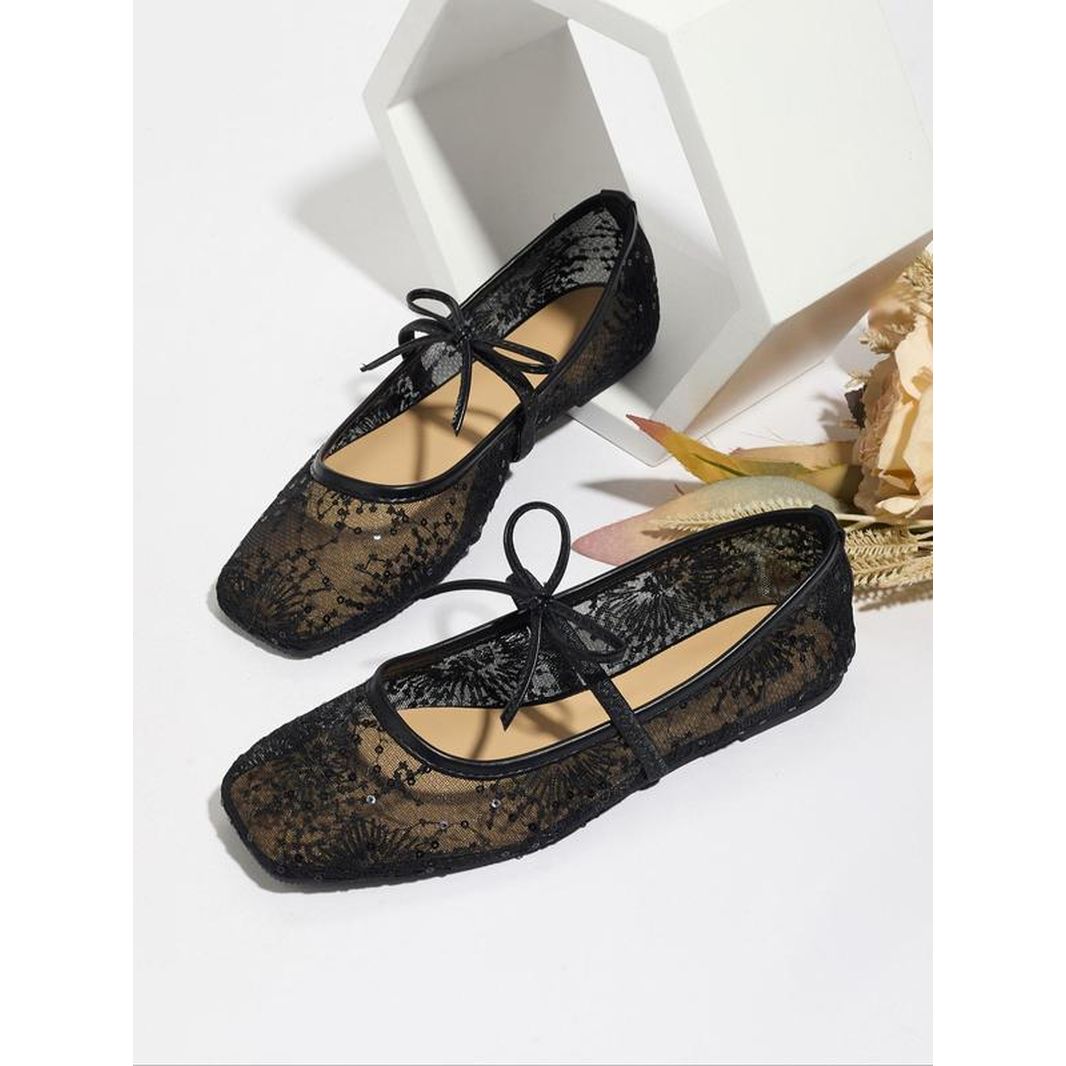 Women'S Embroidery Lace Netted Ballet Flats, Elegant Square Toe Flat Shoes for Party, Daily Clothing Decor, Lightweight Breathable Comfortable Shoes for Women & Girls, Wedding Shoes