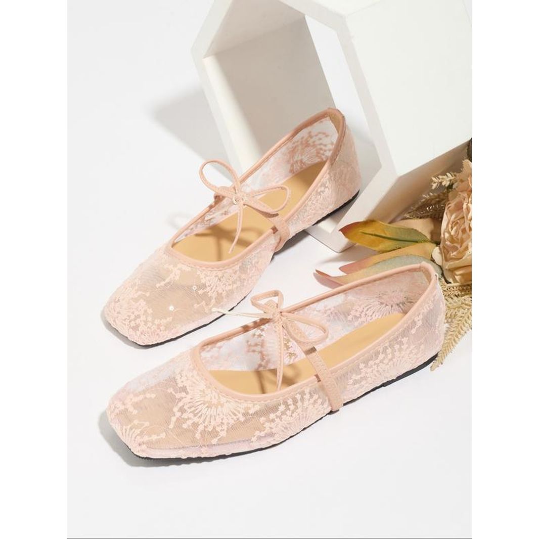 Women'S Embroidery Lace Netted Ballet Flats, Elegant Square Toe Flat Shoes for Party, Daily Clothing Decor, Lightweight Breathable Comfortable Shoes for Women & Girls, Wedding Shoes