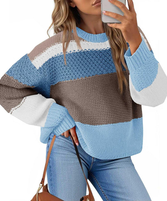 Womens Color Block Cropped Sweaters 2025 Winter Trendy Casual Oversized Y2K Going Out Striped Pullover Tops