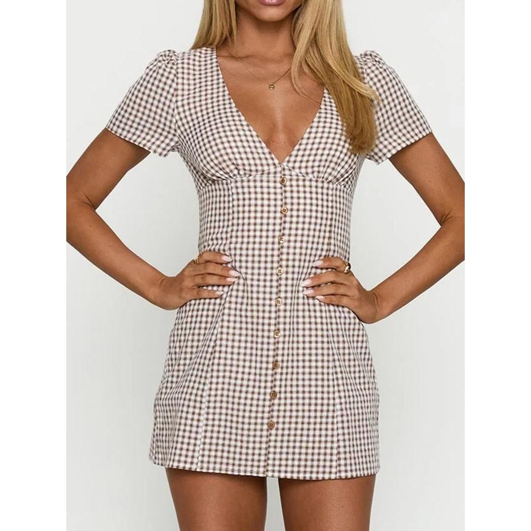 Women's Plaid Print V Neck Shirt Dress, Casual Short Sleeve Button Dress for Daily Wear, Ladies Clothes for All Seasons