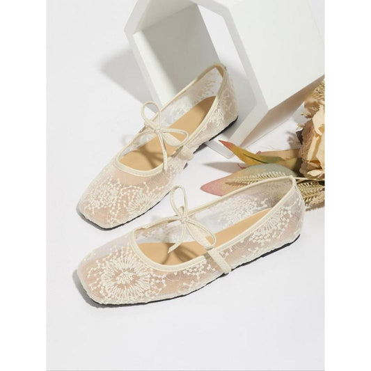 Women'S Embroidery Lace Netted Ballet Flats, Elegant Square Toe Flat Shoes for Party, Daily Clothing Decor, Lightweight Breathable Comfortable Shoes for Women & Girls, Wedding Shoes