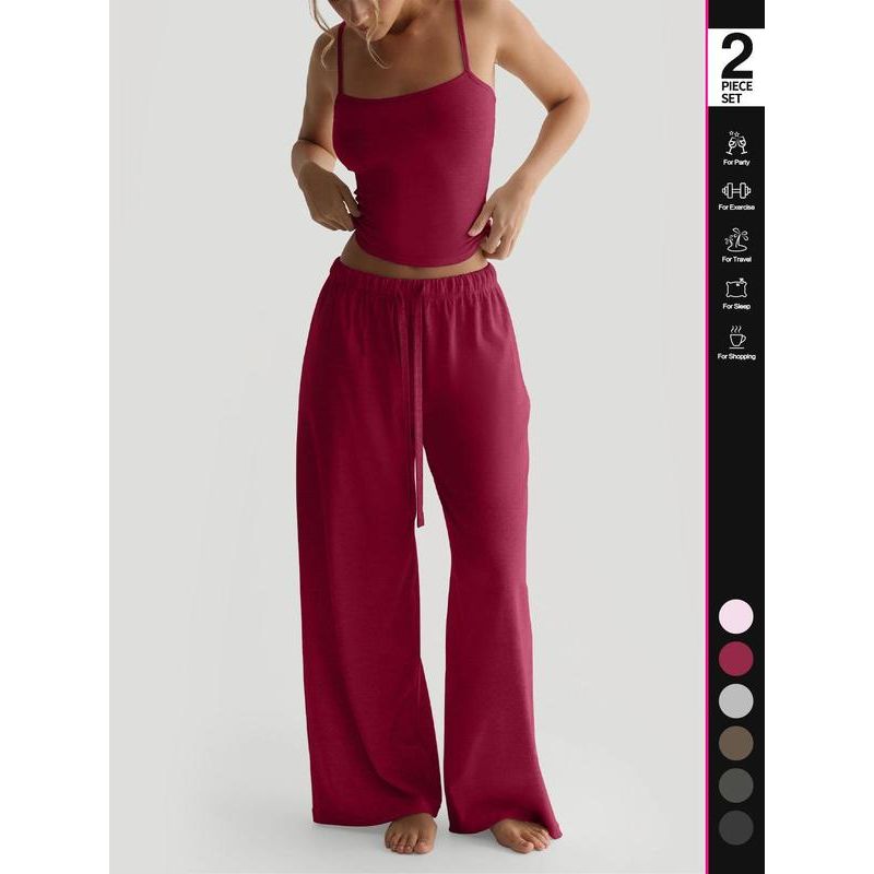 Women'S Solid Cami Top & Wide Leg Pants Lounge Set, Casual Comfy Pyjama Set for Women, Comfy Basic Loungewear Set for Daily Home Wear, Minimalist Pajamas, Nightwear
