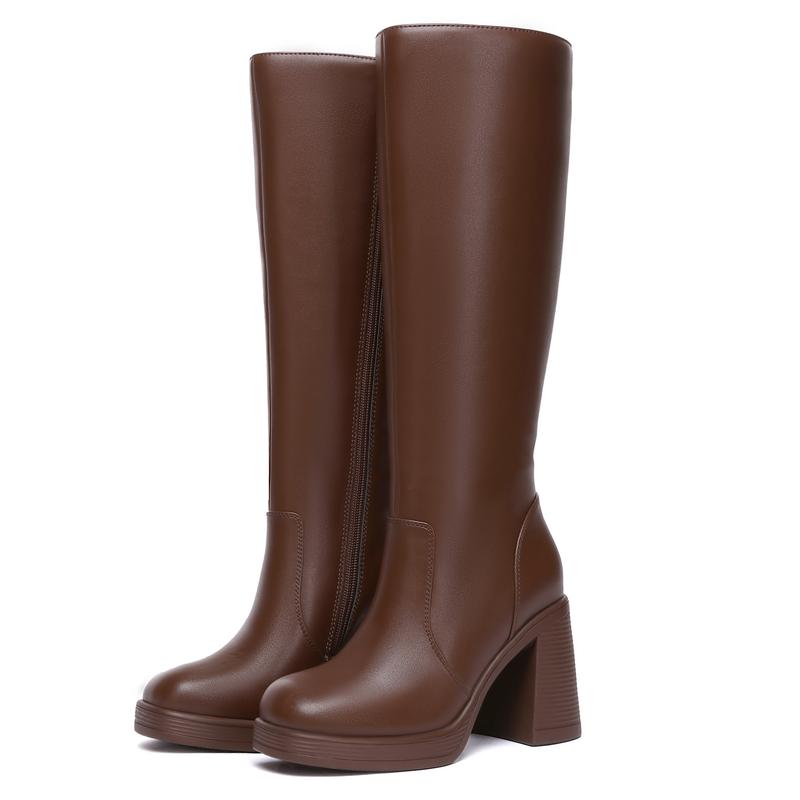 Athlefit Black Knee High Boots for Women Platform Tall Boots Fashion Square Toe Chunky Heeled Booties