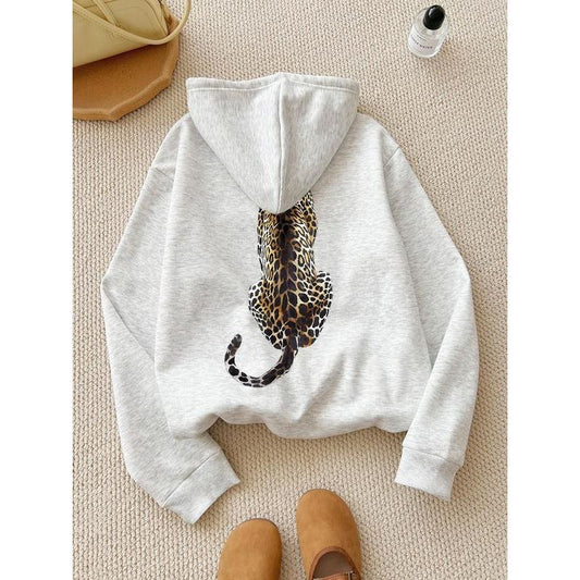 Women'S Cartoon Leopard Print Drop Shoulder Hoodie, Fashion Casual Drawstring Pocket Hooded Sweatshirt for Daily Holiday Outdoor Wear, Women Clothing for Fall & Winter