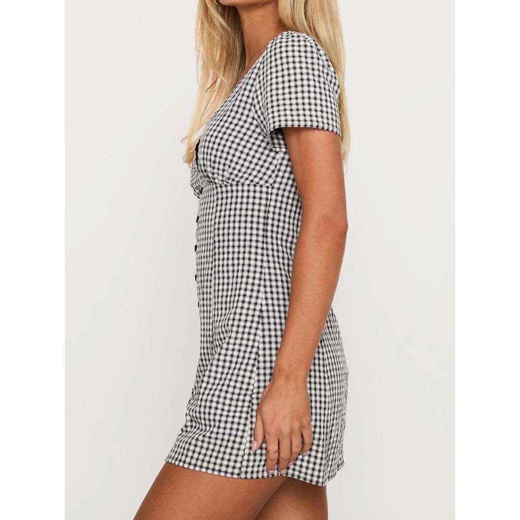 Women's Plaid Print V Neck Shirt Dress, Casual Short Sleeve Button Dress for Daily Wear, Ladies Clothes for All Seasons