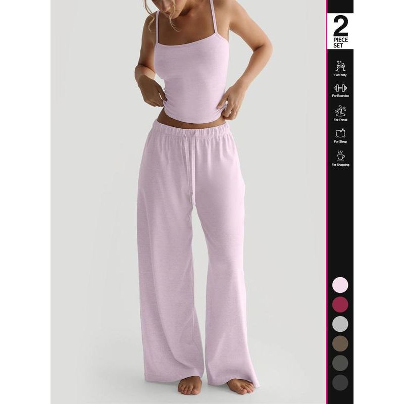 Women'S Solid Cami Top & Wide Leg Pants Lounge Set, Casual Comfy Pyjama Set for Women, Comfy Basic Loungewear Set for Daily Home Wear, Minimalist Pajamas, Nightwear