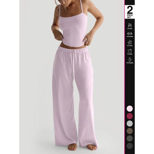 Women'S Solid Cami Top & Wide Leg Pants Lounge Set, Casual Comfy Pyjama Set for Women, Comfy Basic Loungewear Set for Daily Home Wear, Minimalist Pajamas, Nightwear